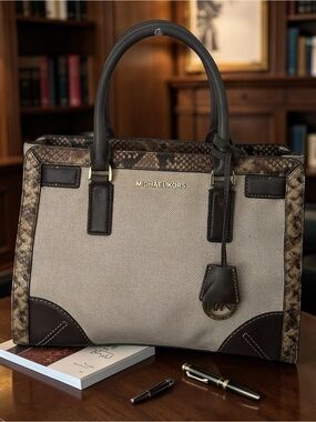 Michael Kors Dillon TZ EW Corner Frame Satchel Canvas Snake Embossed Bag